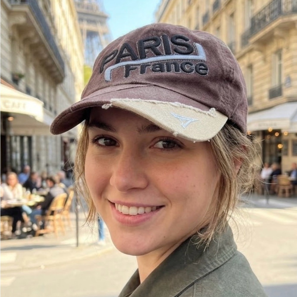 Paris France Embroidered Distressed Baseball Cap - Brown